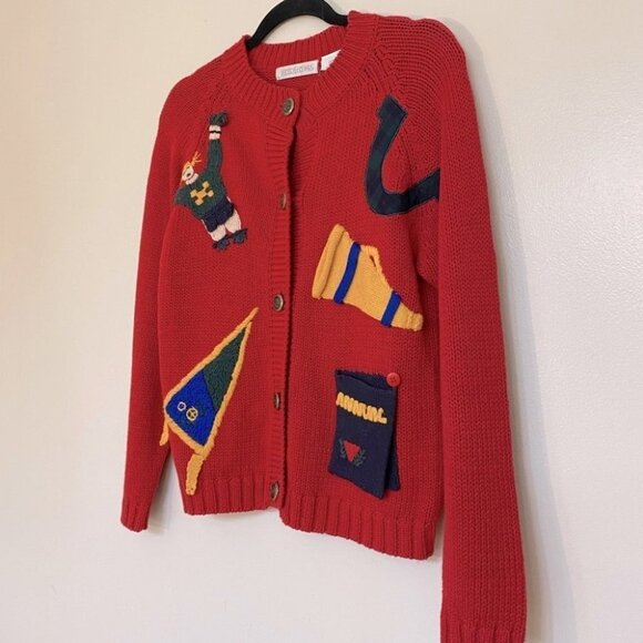Vintage Heirlooms Red Knit Cardigan With School Activity Appliqué S - Picture 16 of 16